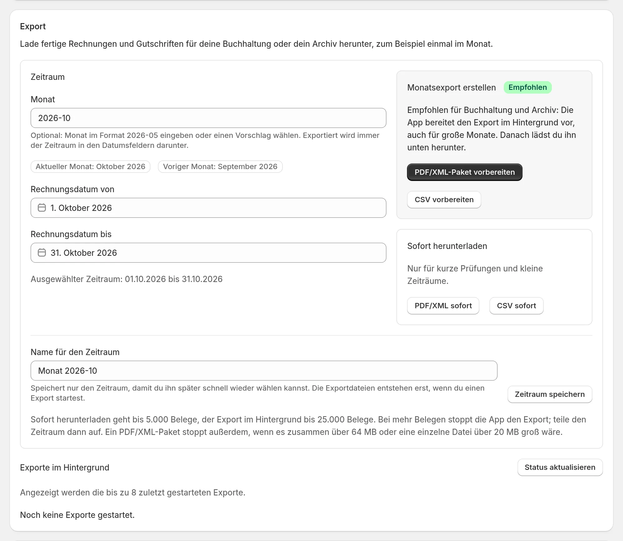 Exportbereich mit Monatsauswahl, PDF/XML-Paket, CSV und Sofort-Download