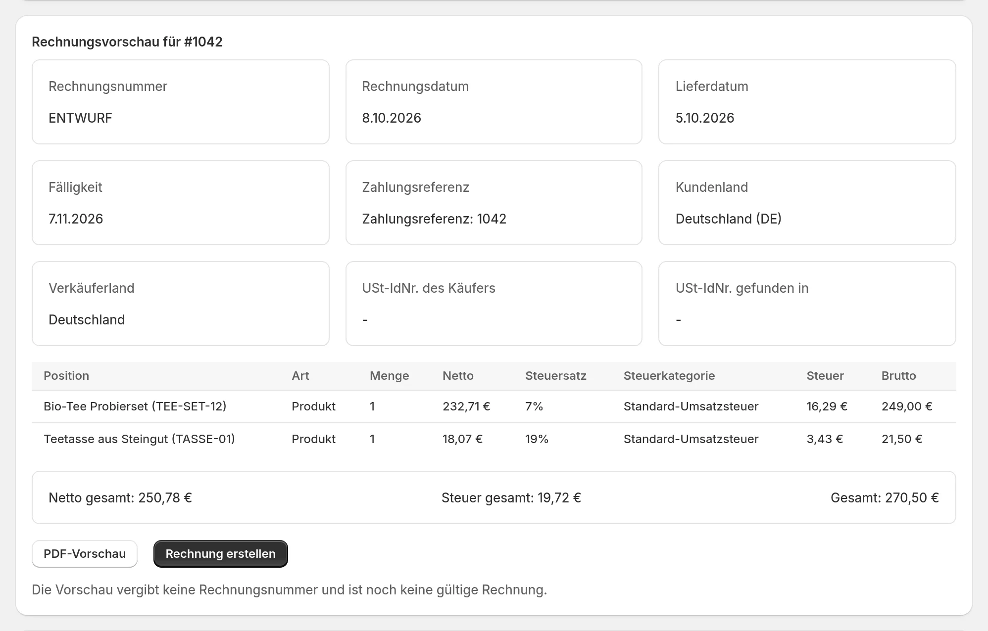Rechnungsvorschau in der App