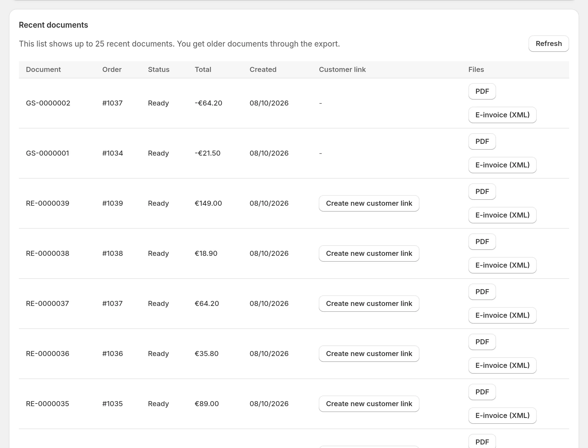 List of recent documents with PDF, e-invoice and the action Create new customer link