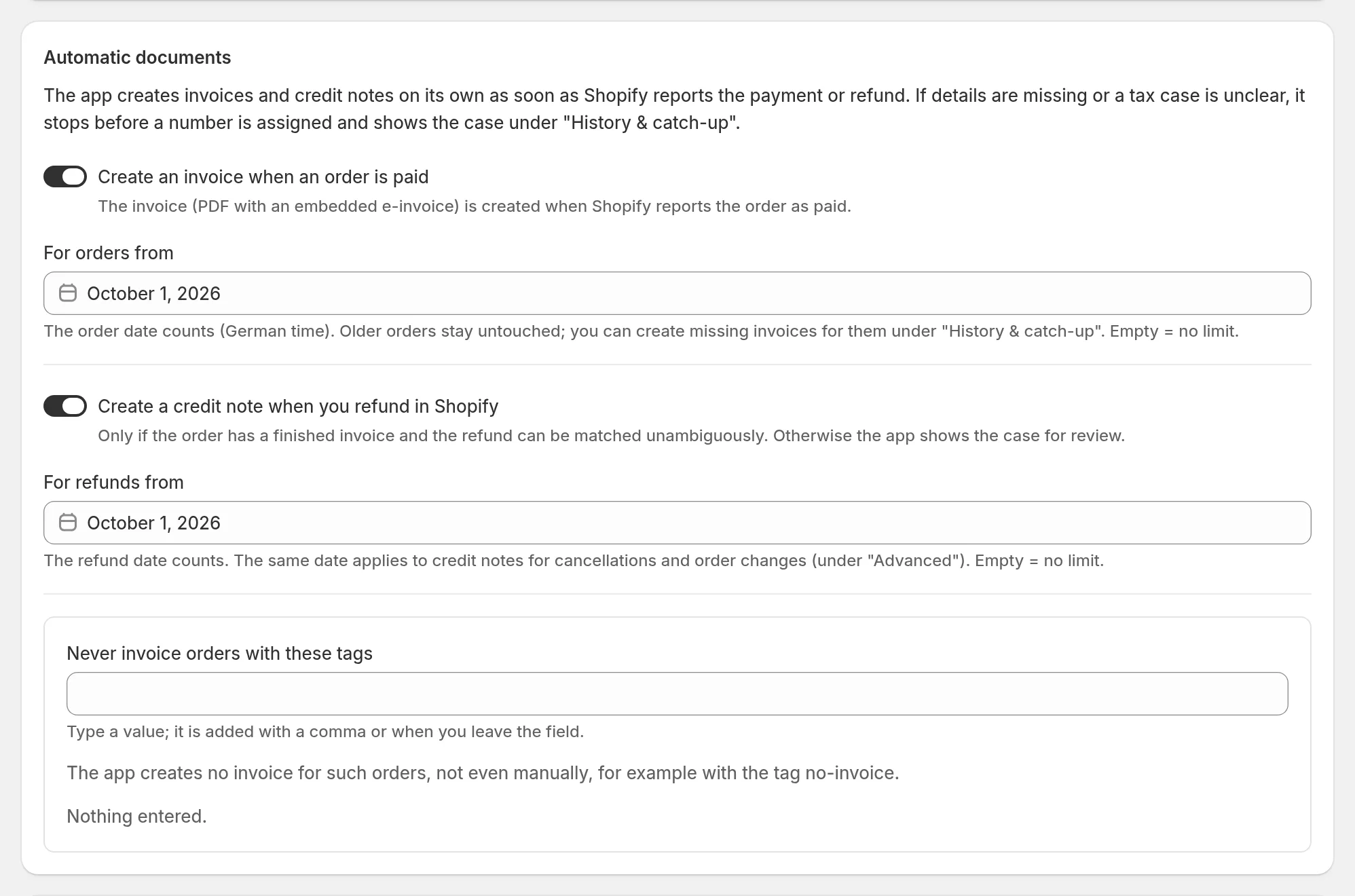Settings section Automatic documents with invoice on payment, start date, credit note on refund and excluded tags