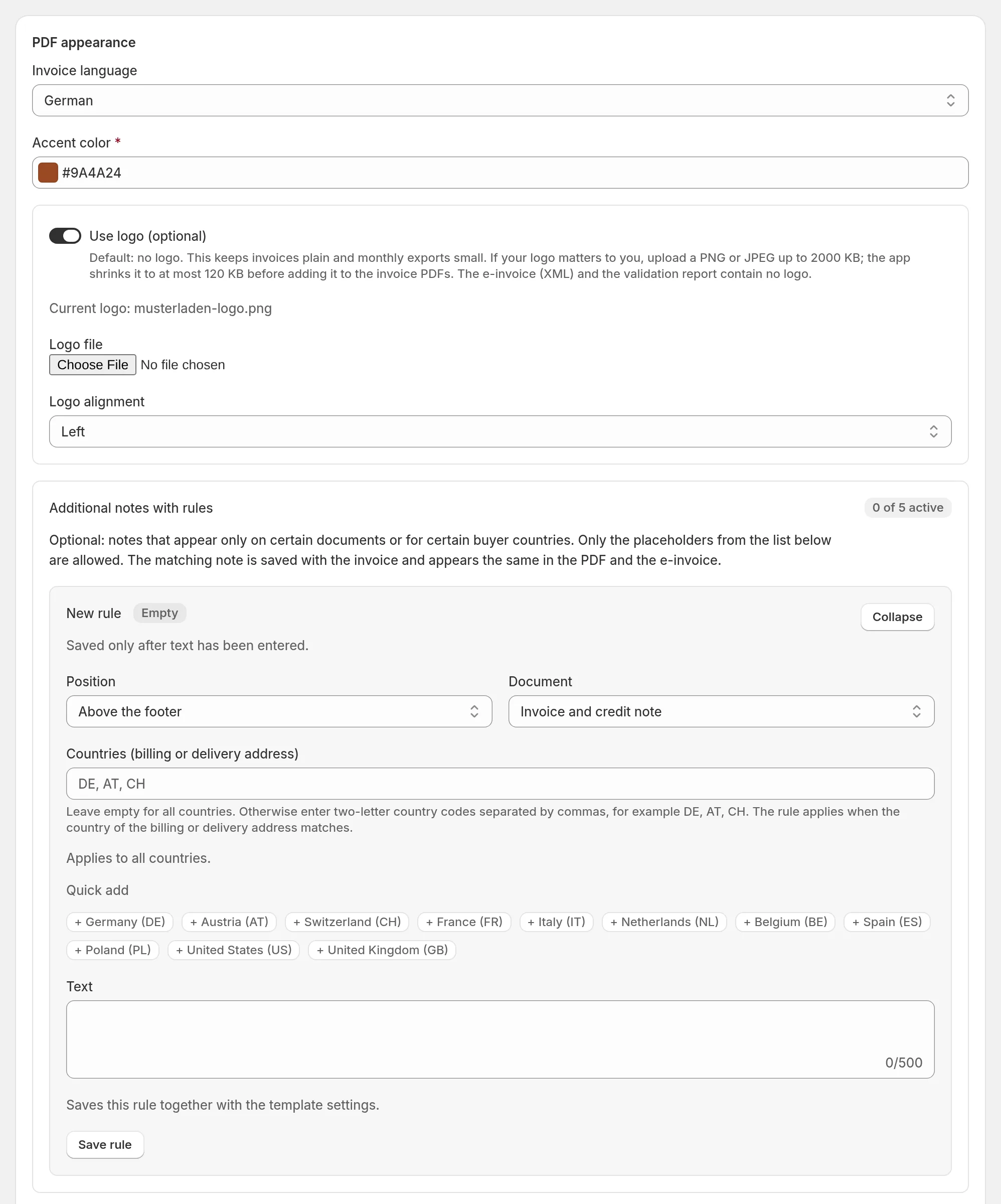 Templates page with invoice language, accent color, logo and rule-based notes